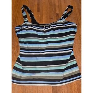 Beach House Women 16 Striped Built-in Bra Button‎ Detail Tankini Swimwear Top